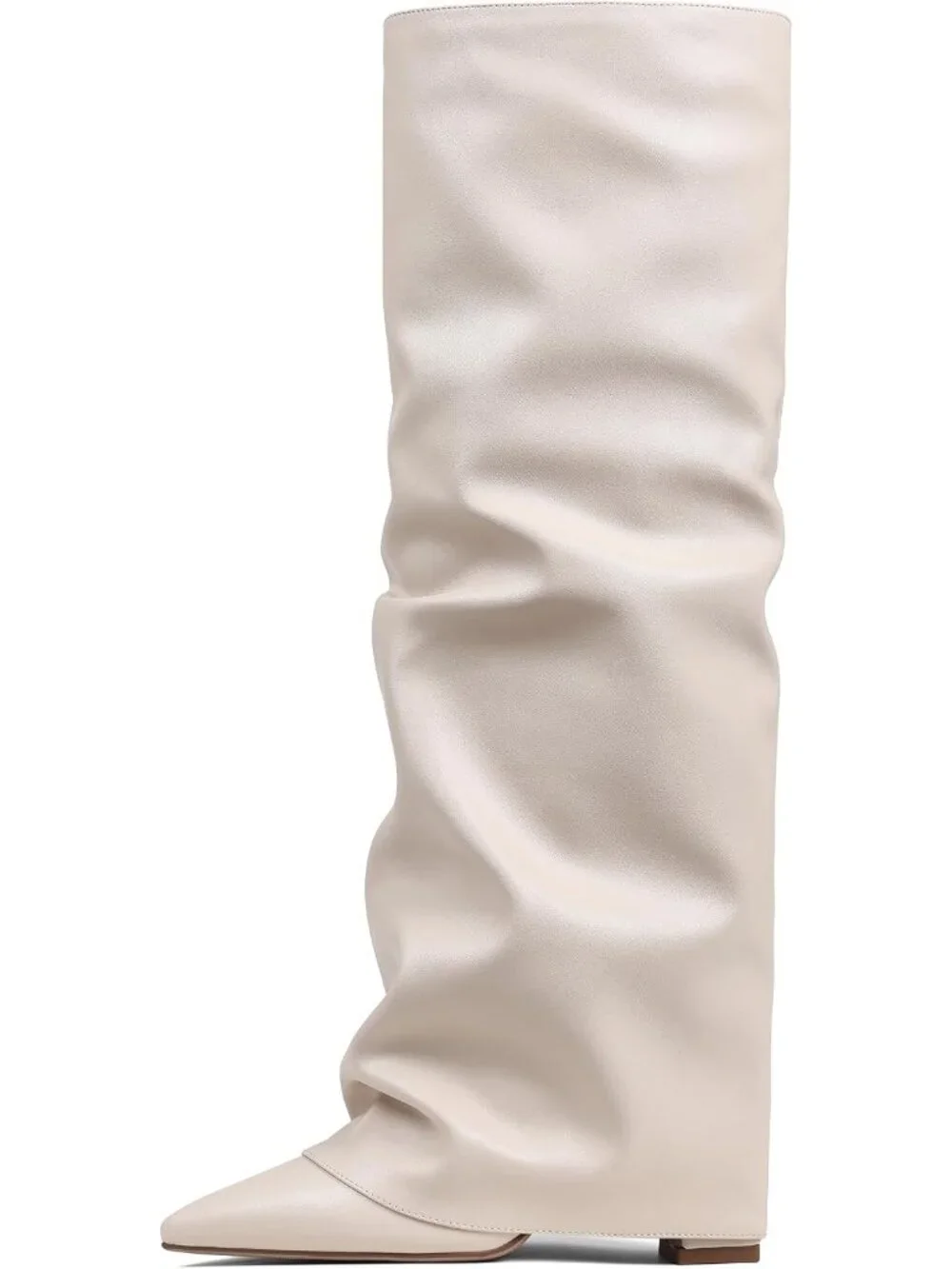 Women Apricot Pu Pointed Toe Fold Over Chunky Block Heel Slouchy Knee High Boots